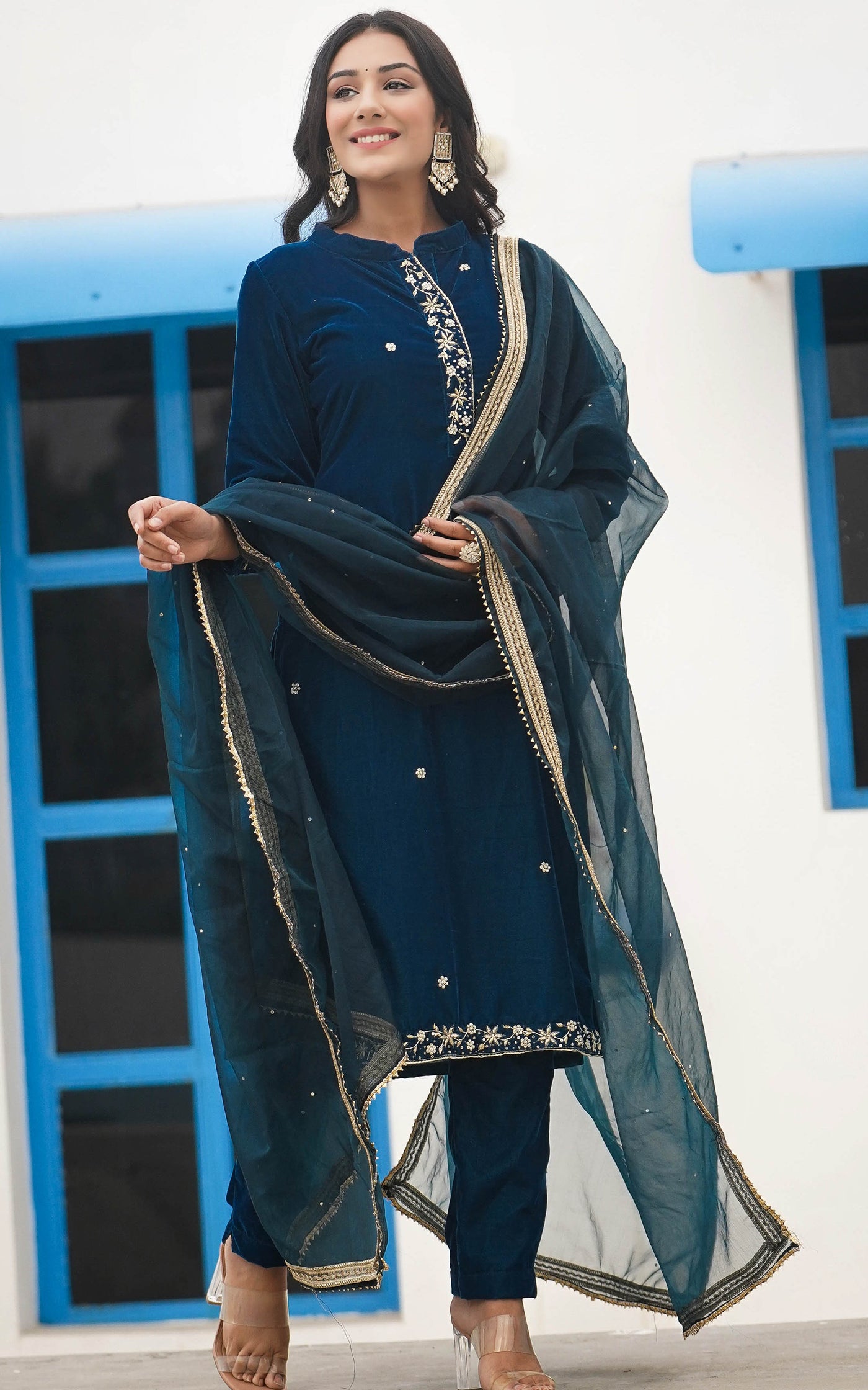 Kilory Party Wear Blue Velvet Salwar Suit Dress Material for Women –  Stilento